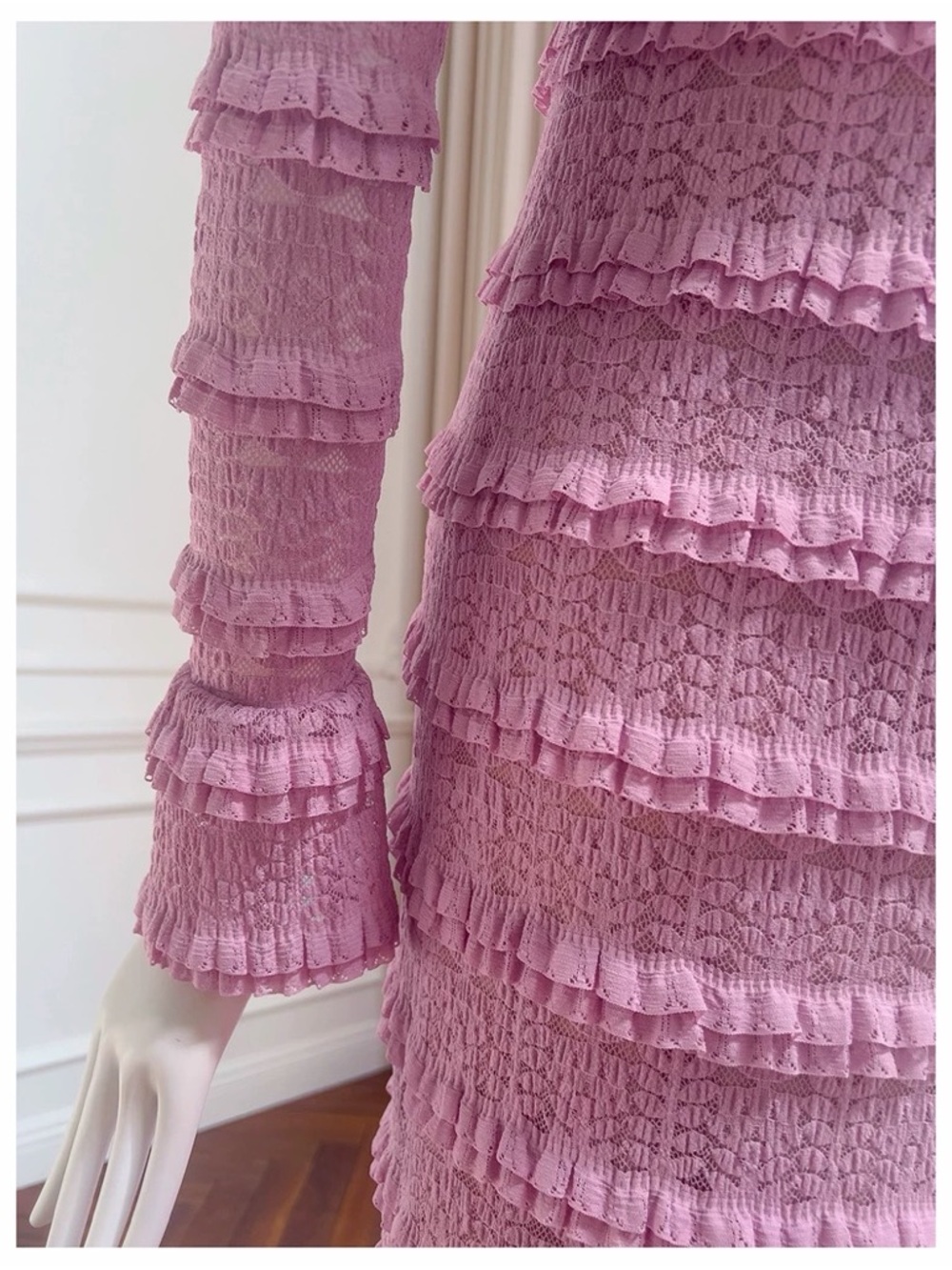 Pink Ruffled Knit Long Sleeve Midi Dress Victorian French Elegant Gown - Picture 14 of 16